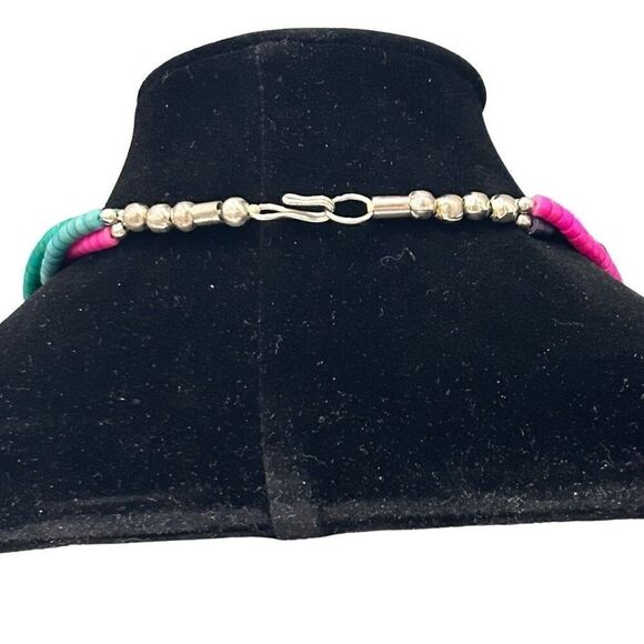 Triple Strand Beaded Necklace Multicolor Disc Beads Colorblock Silver-tone Hook - Picture 6 of 7